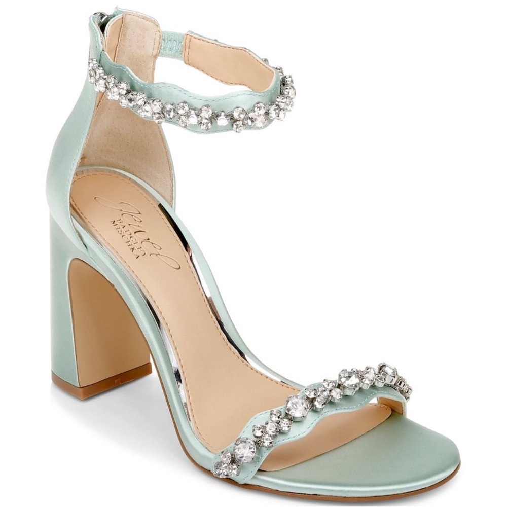 Badgley Mischka Mint Satin Crystal-Embellished Block Heel Sandal